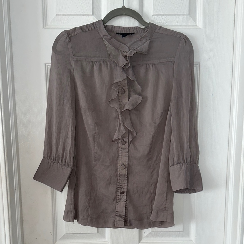 Banana Republic Gray Ruffled Blouse with Mandarin Collar